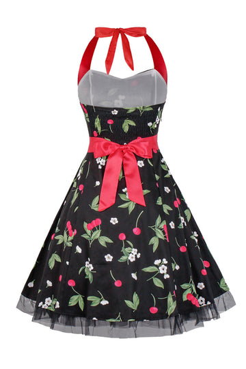 Hepburn Style Halter Tiul Czarny Drukowana Sukienka Z Lat 50